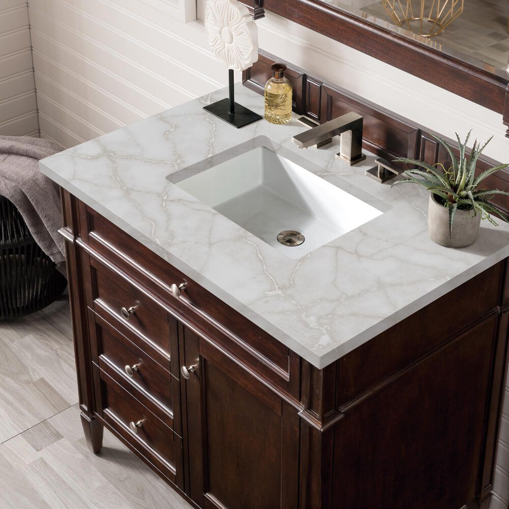 James Martin Vanities Brittany 36&quot; Single Bathroom Vanity in Burnished Mahogany with 3 cm Victorian Silver Quartz Top and Rectangular Sink, , large