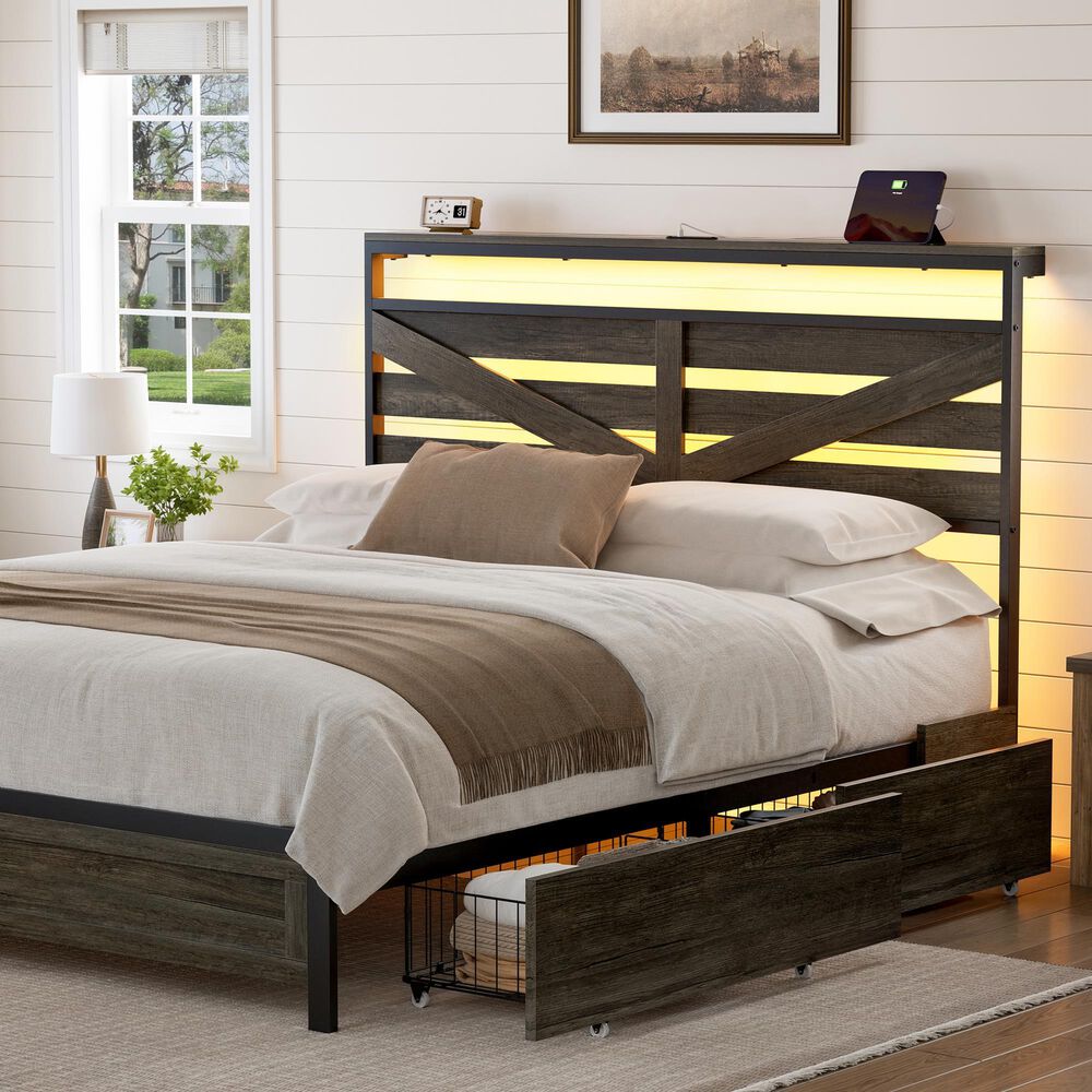 HOMLUX Queen Upholstered Platform Storage Bed Frame in Beige, , large