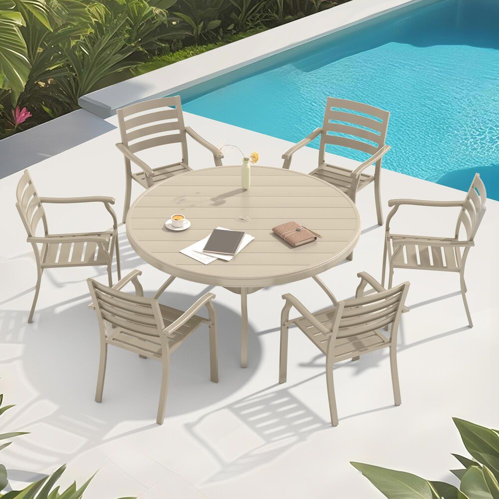 Hearth and Haven Outdoor 53" Round Dining Table with Umbrella Hole in Sandstone - Table Only, , large