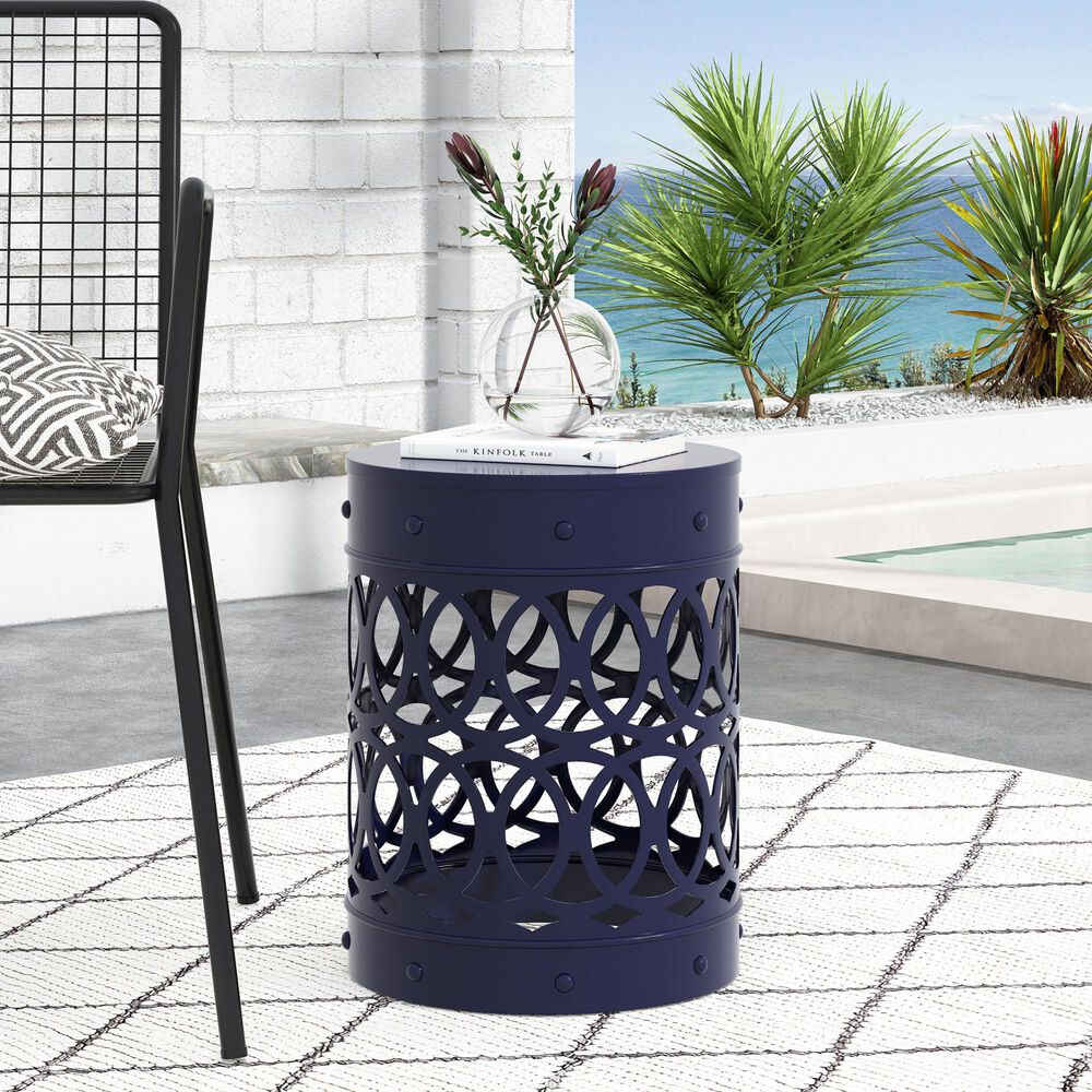 Hearth and Haven Large Cylindrical-Shaped Iron Patio End Table in Navy Blue, , large