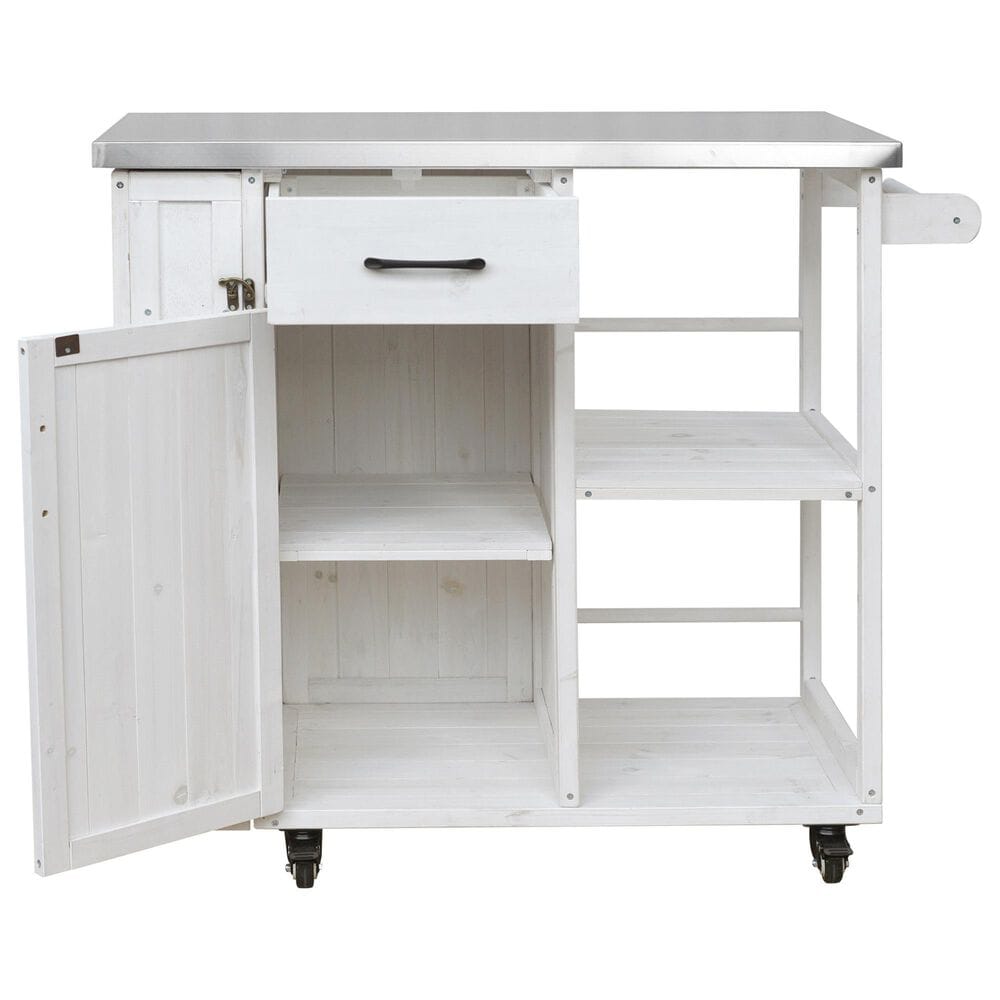 Hearth and Haven Outdoor Kitchen Island Cart with Stainless Steel Top, Towel and Spice Racks in White, , large