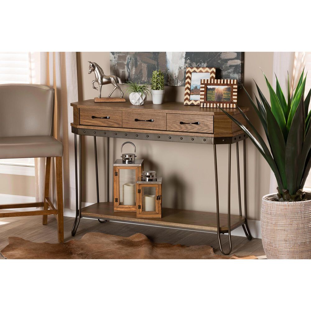 Baxton Studio Kellyn 3-Drawer Console Table in Oak Brown/Black, , large