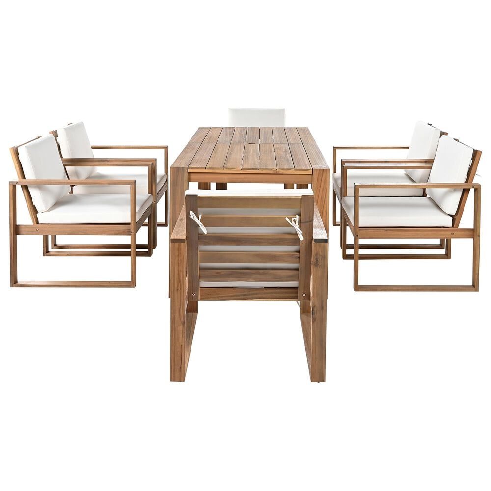 HOMLUX 7-Piece Patio Dining Set with 69" Rectangular Light Teak Table and Umbrella Hole in Beige, , large