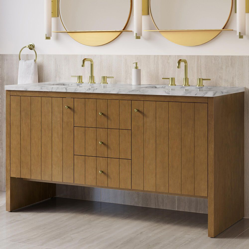 James Martin Hudson 60" Double Bathroom Vanity in Honey Oak with 3 cm Carrara Marble Top and Rectangular Sinks, , large