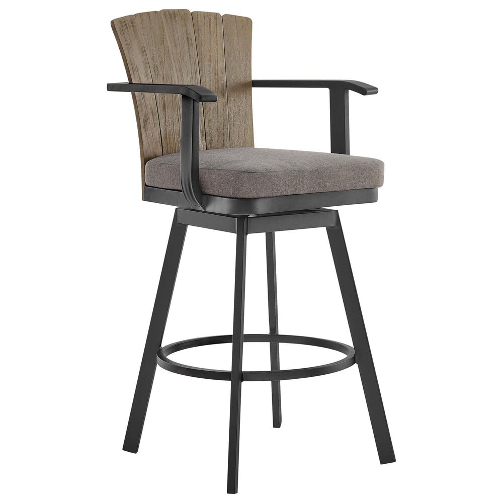 Armen Living Hazel Patio Swivel Bar Stool with Charcoal Cushion in Black, , large