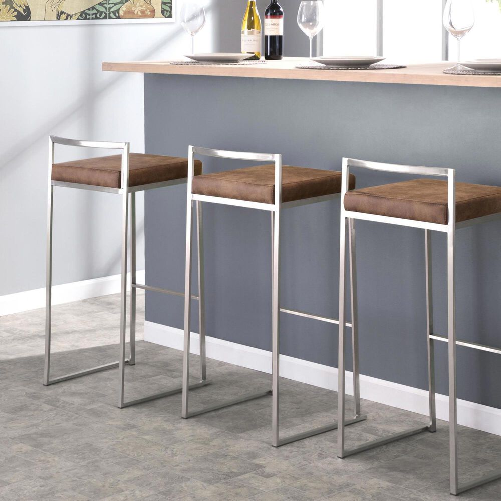 LumiSource Fuji 30" Stacker Bar Stool with Brown Cowboy Upholstery in Stainless Steel (Set of 2), , large