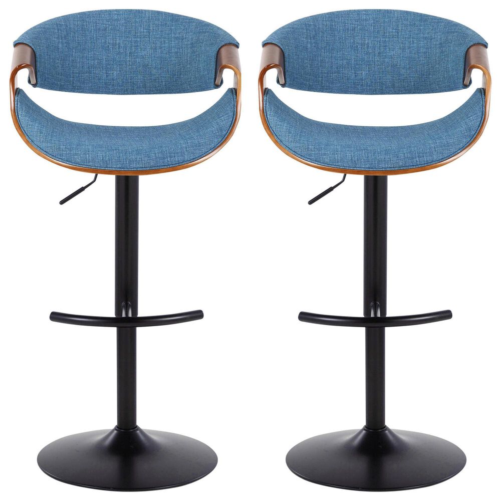 LumiSource Curvo Swivel Adjustable Barstool with Blue Upholstery in Black and Walnut (Set of 2), , large