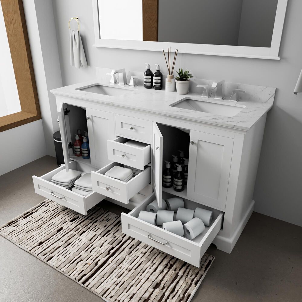 Lexora Home Dukes 60&quot; Double Bathroom Vanity in White with 2 cm White Carrara Marble Top and Rectangular Sinks, , large