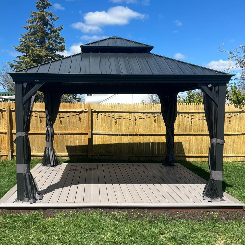 HOMLUX 12-ft x 12-ft Permanent Hardtop Gazebo Gray Gazebo with Hardtop Roof (Screen Included), , large
