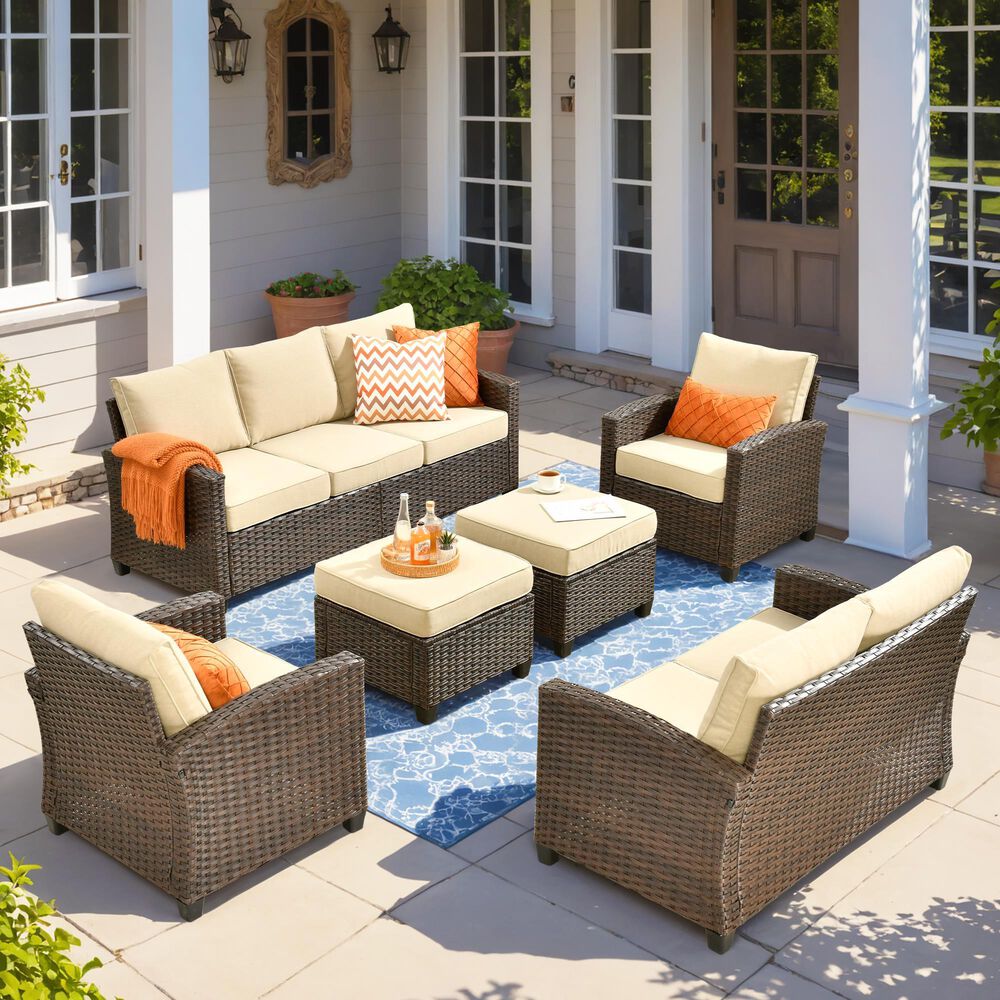 HOMLUX 6-Piece Patio Conversation Set with Loveseat and Light Brown Wicker in Beige, , large