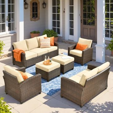 HOMLUX 6-Piece Patio Conversation Set with Loveseat and Light Brown Wicker in Beige, , large