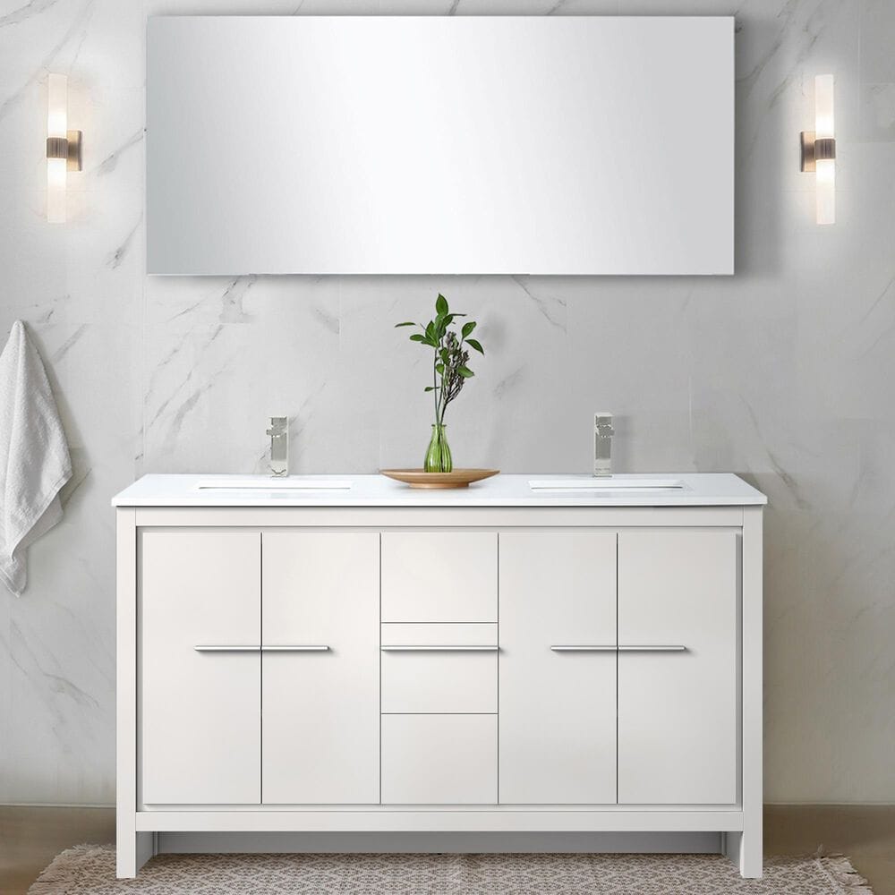 Lexora Home Lafarre 60&quot; Double Bathroom Vanity in Rustic Acacia with 2 cm White Cultured Marble Top, Rectangular Sinks and 55&quot; Mirror, , large