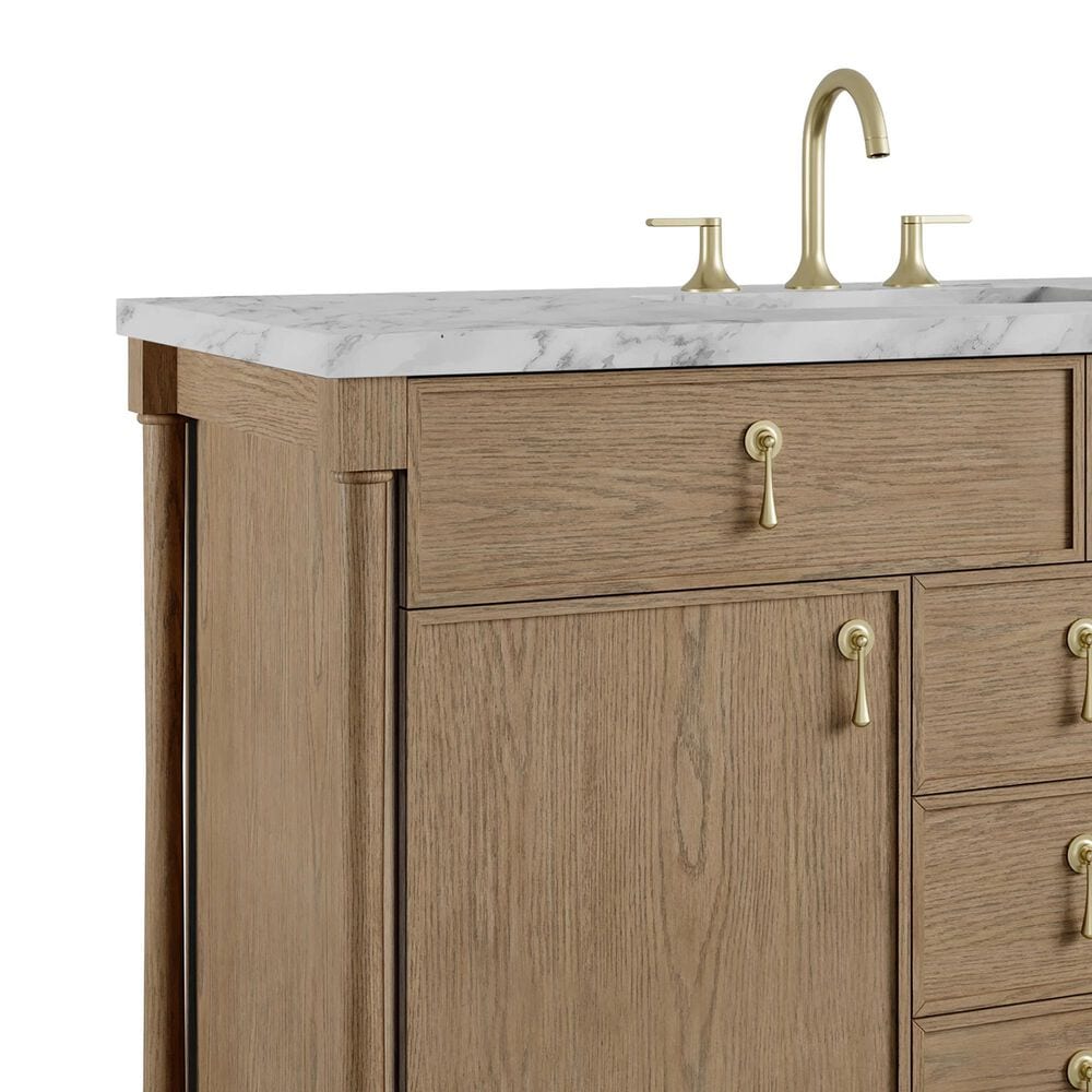 James Martin Kinnsden 48" Single Bathroom Vanity in Weathered Oak with 3 cm Carrara Marble Top and Rectangular Sink, , large