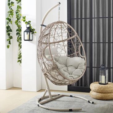 Crosley Furniture Cleo Patio Hanging Chair with Sand Cushion in Light Brown, , large