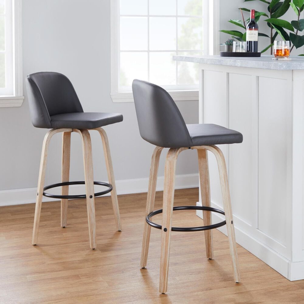 LumiSource Toriano Swivel Bar Stool with Grey Faux Leather Upholstery in Whitewashed and Black (Set of 2), , large