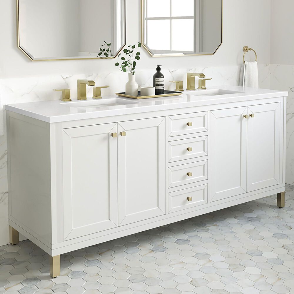 James Martin Vanities Chicago 72&quot; Double Bathroom Vanity in Glossy White with 3 cm White Zeus Quartz Top and Rectangular Sinks, , large
