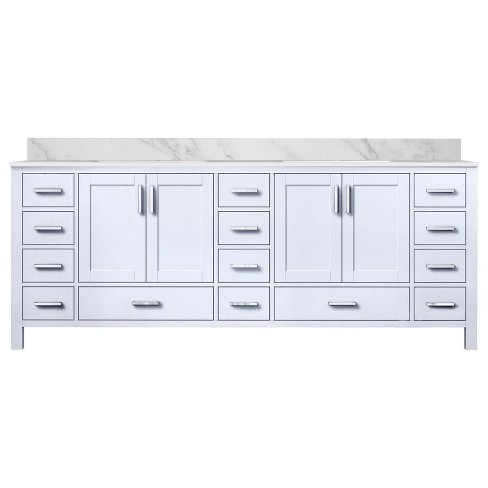 Lexora Home Jacques 84&quot; Double Bathroom Vanity in White with 2 cm White Carrara Marble Top and Rectangular Sinks, , large