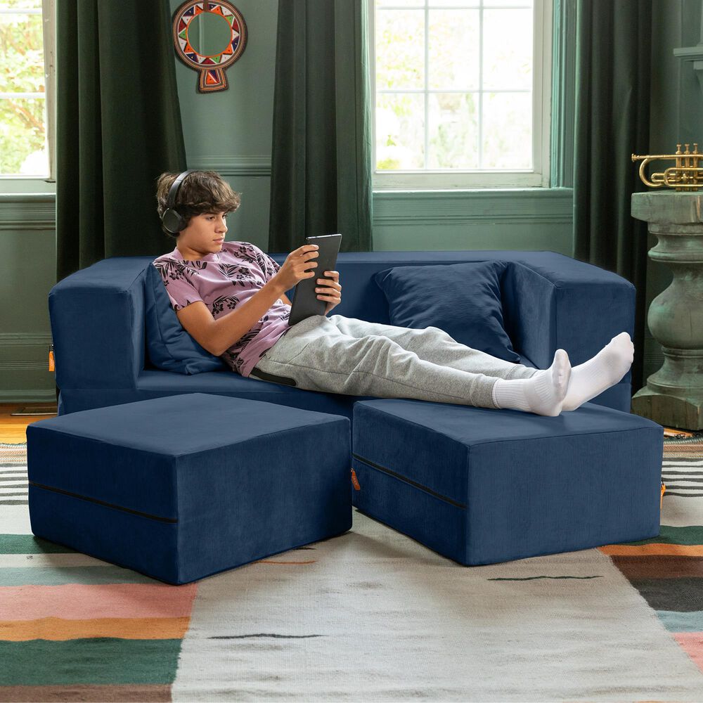 Jaxx Zipline 3-Piece Stationary Convertible Sleeper Loveseat in Indigo Velvet, , large