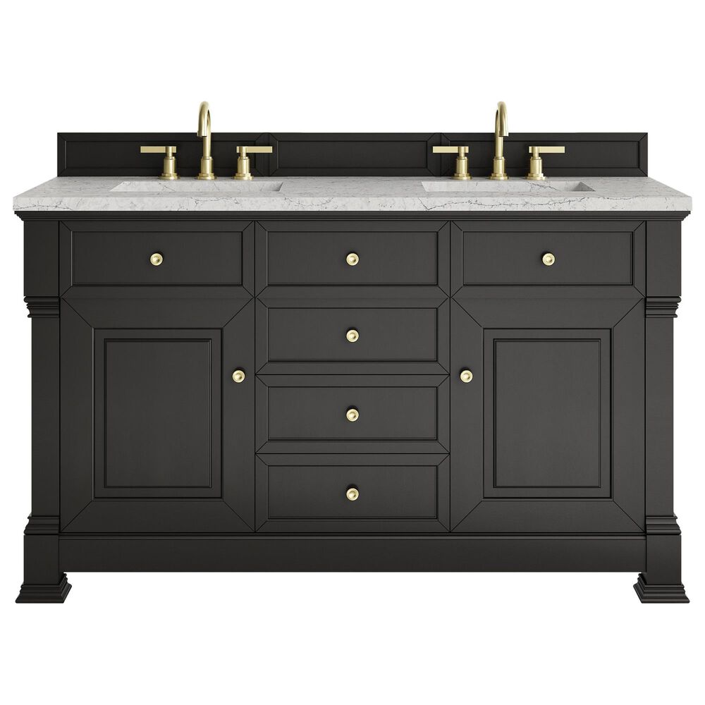 James Martin Vanities Brookfield 60&quot; Double Bathroom Vanity in Black Onyx with 3 cm Eternal Jasmine Pearl Quartz Top and Rectangular Sinks, , large