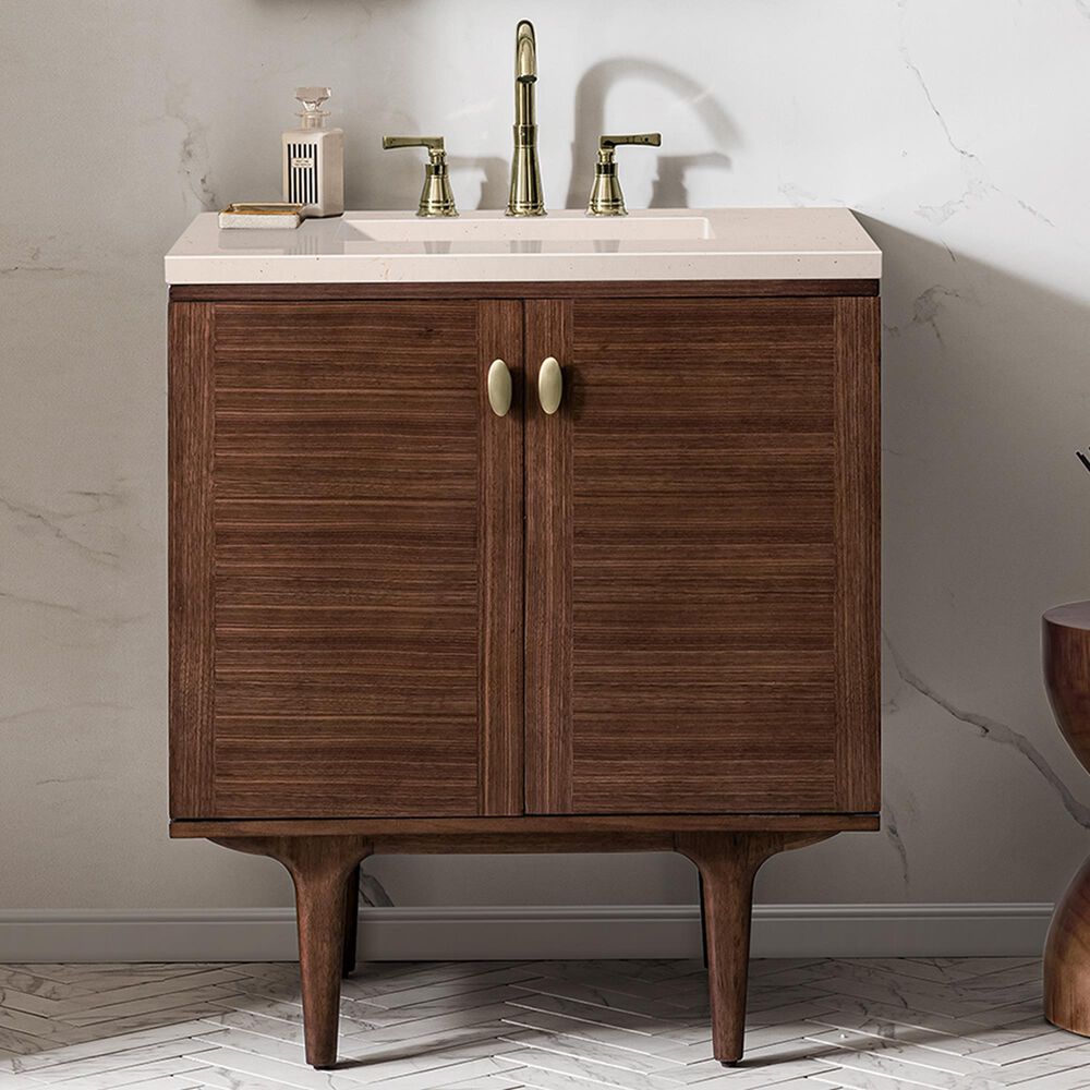 James Martin Vanities Amberly 30&quot; Single Bathroom Vanity in Walnut with 3 cm Eternal Marfil Quartz Top and Rectangular Sink, , large
