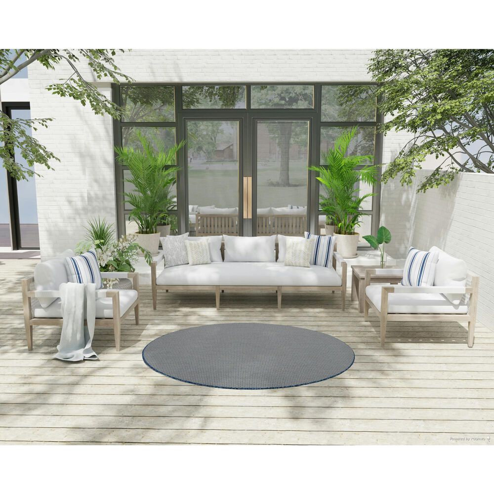 Nourison Courtyard Ivory and Blue 5&#39; Round Indoor/Outdoor Area Rug, , large