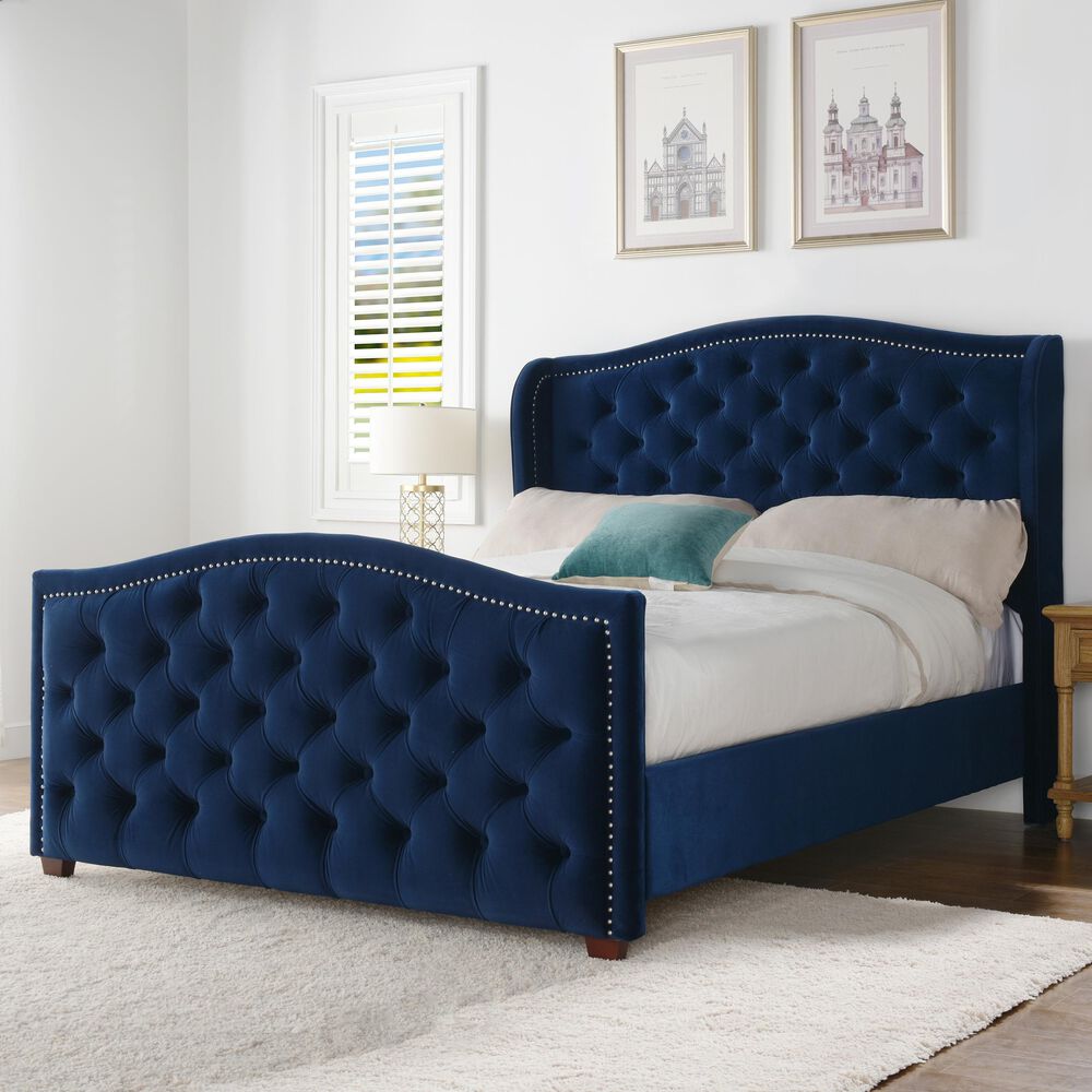 Jennifer Taylor Home Marcella Tufted Wingback Queen Bed in Navy Blue NFM