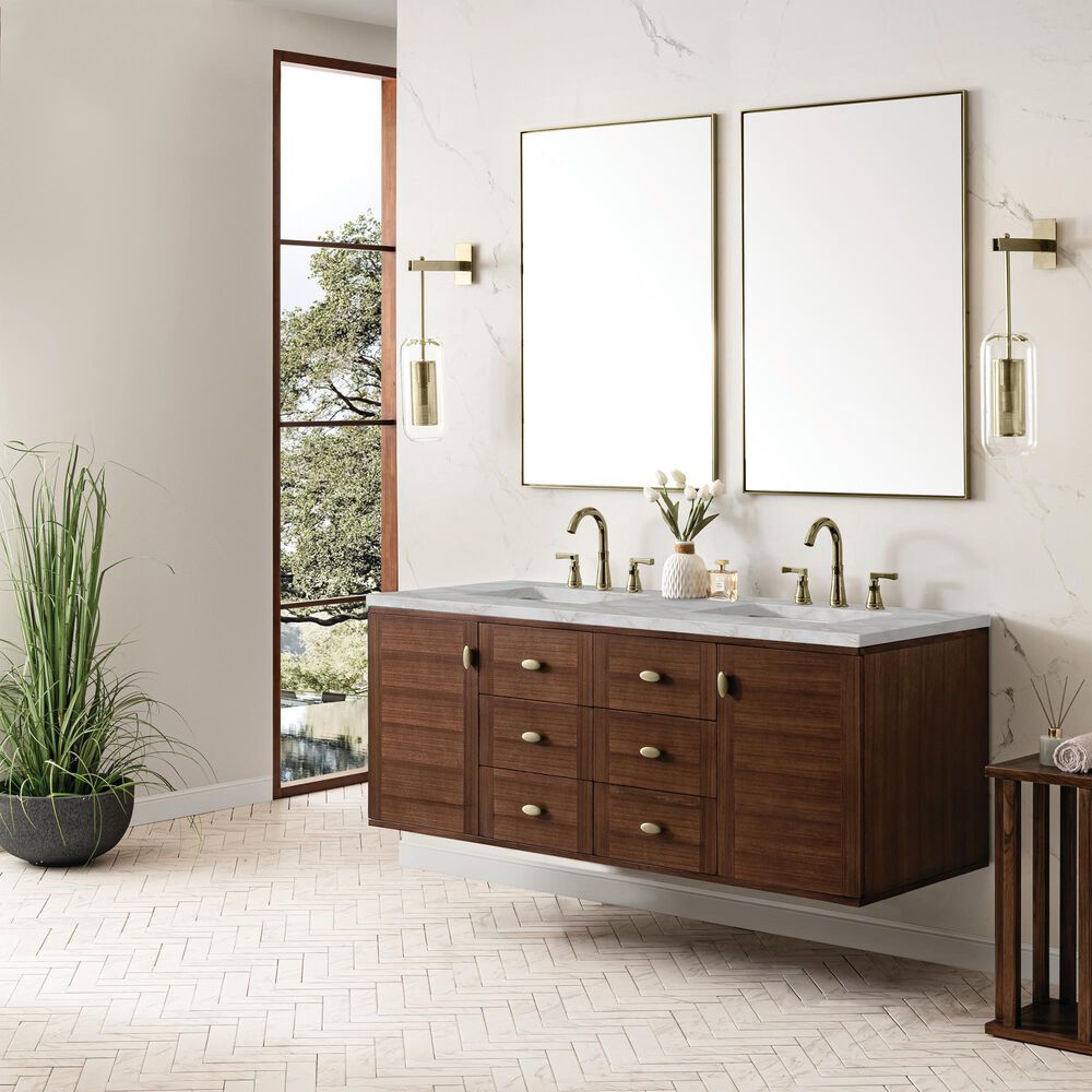 James Martin Vanities Amberly 60&quot; Double Bathroom Vanity in Mid-Century Walnut with 3 cm Victorian Silver Quartz Top and Rectangular Sinks, , large