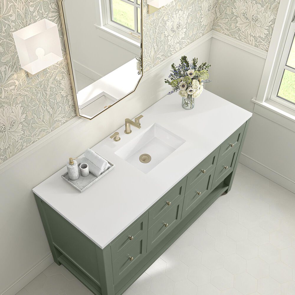James Martin Vanities Breckenridge 60" Single Bathroom Vanity in Smokey Celadon with 3 cm White Zeus Quartz Top and Rectangular Sink, , large