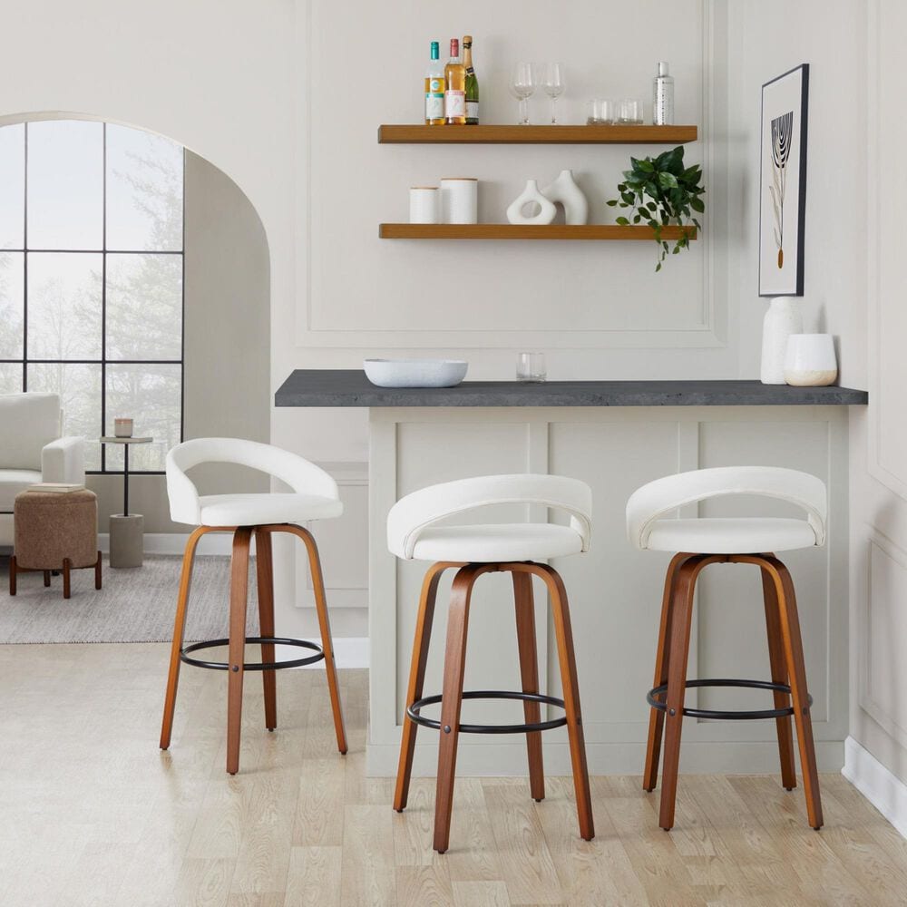 LumiSource Grotto Swivel Bar Stool with White Faux Leather Upholstery in Walnut Wood and Black (Set of 2), , large