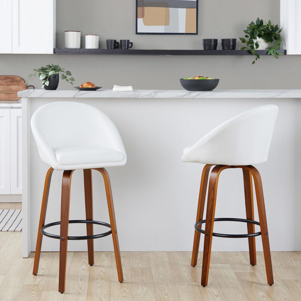 LumiSource Matisse 30" Swivel Barstool with White Faux Leather Upholstery in Walnut and Black (Set of 2), , large