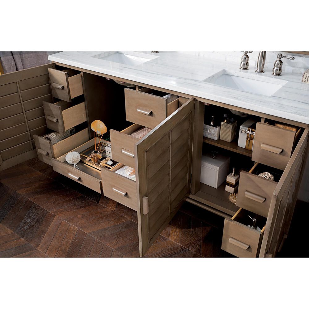 James Martin Vanities Portland 72&quot; Double Bathroom Vanity in Whitewashed Walnut with 3 cm Arctic Fall Solid Surface Top and Rectangular Sinks, , large