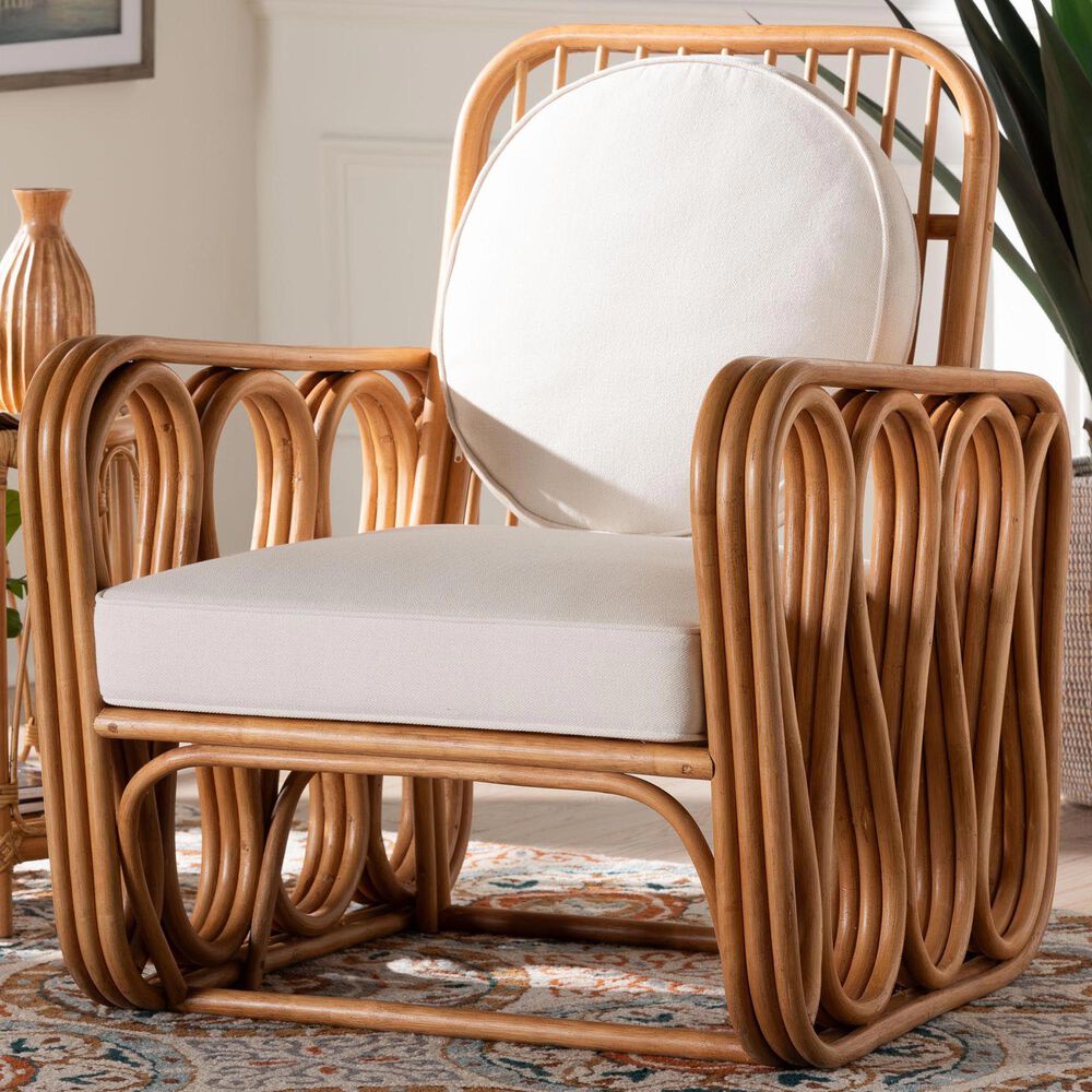 Baxton Studio Tiramisu Arm Chair with Light Honey Rattan in White, , large