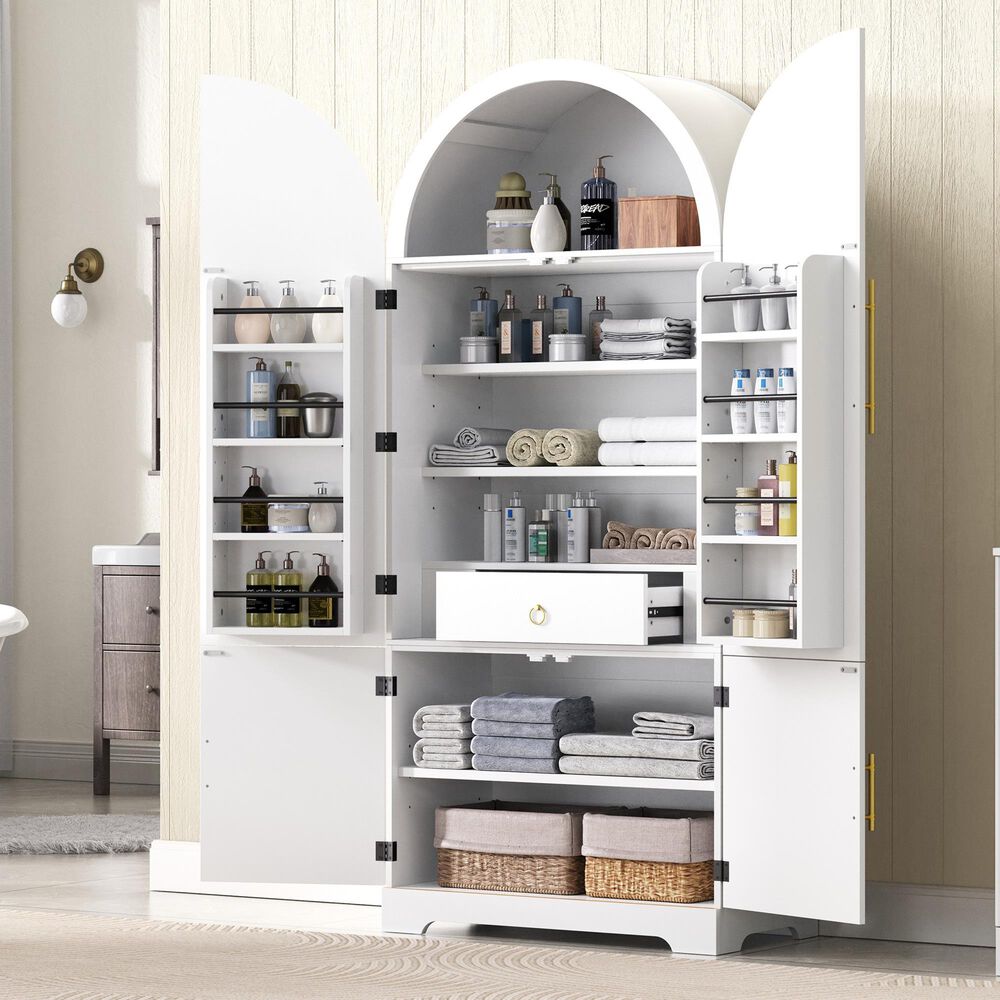 HOMLUX 72" Tall Arched Kitchen Pantry Cabinet in White, , large
