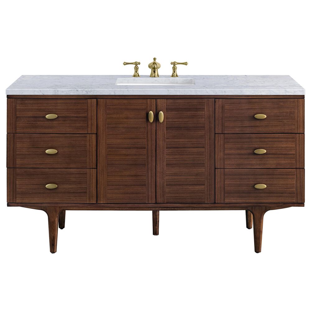 James Martin Vanities Amberly 60" Single Bathroom Vanity in Walnut with 3 cm Carrara White Marble Top and Rectangular Sink, , large
