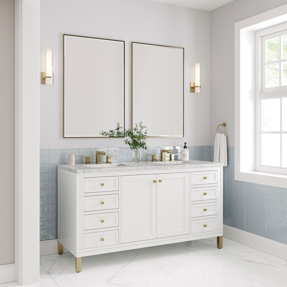 James Martin Vanities Chicago 60&quot; Double Bathroom Vanity in Glossy White with 3 cm Eternal Jasmine Pearl Quartz Top and Rectangular Sinks, , large