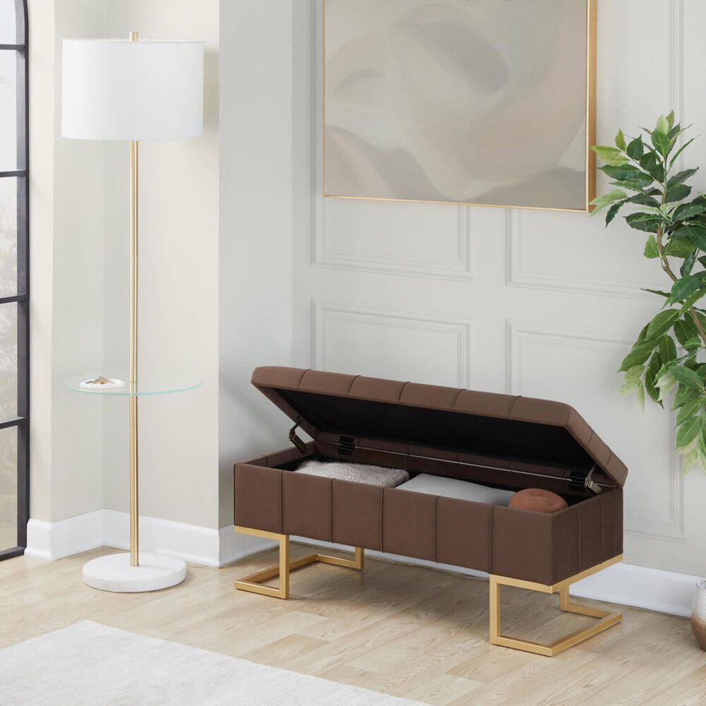 LumiSource Midas Storage Bench with Brown Velvet Cushion in Gold, , large