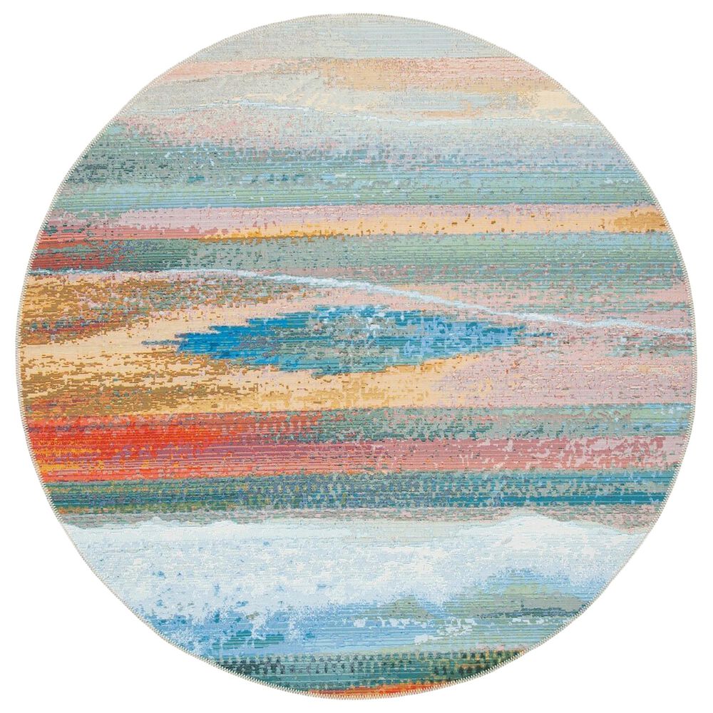 Safavieh Barbados Abstract Sunset 8" Round Light Blue and Pink Indoor/Outdoor Area Rug, , large
