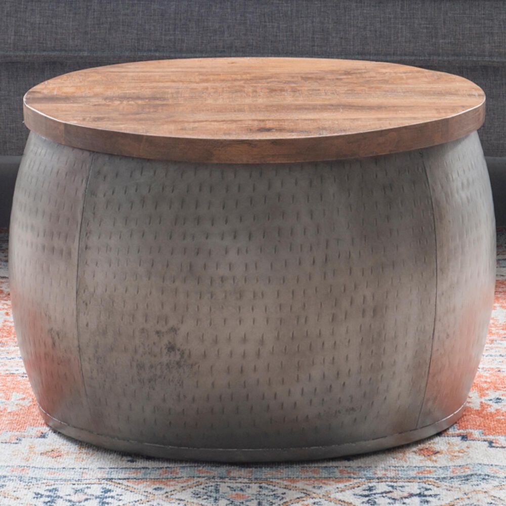 Linon Home Decor Royce 22" Drum Coffee Table with Storage in Pewter, , large