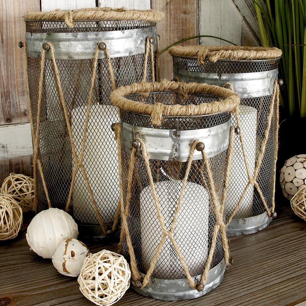 Maple and Jade Decorative Indoor/Outdoor Candle Lantern in Galvanized Silver and Brown &#40;Set of 3&#41;, , large