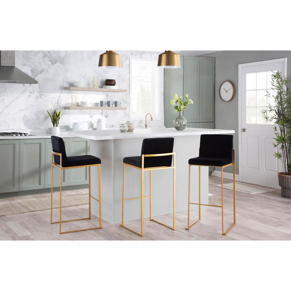 Lumisource Fuji High Back Barstool with Black Velvet in Gold &#40;Set of 2&#41;, , large