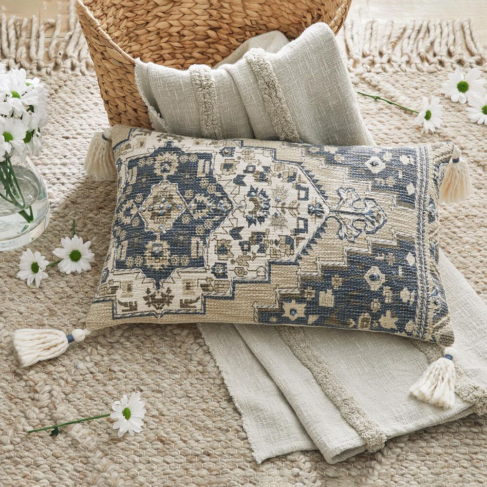 Ashley Winbury 14&quot; x 22&quot; Lumbar Throw Pillow in Blue, Tan, Ivory and White, , large
