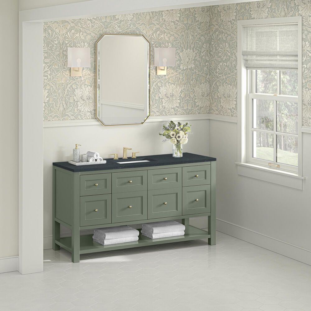 James Martin Vanities Breckenridge 60&quot; Single Bathroom Vanity in Smokey Celadon with 3 cm Charcoal Soapstone Quartz Top and Rectangular Sink, , large