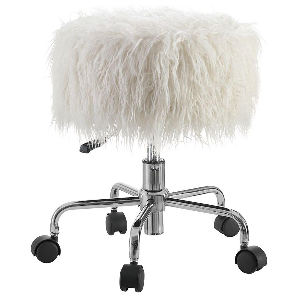 Linden Boulevard Tillie Brooks Rolling Stool with White Fur in Silver, , large
