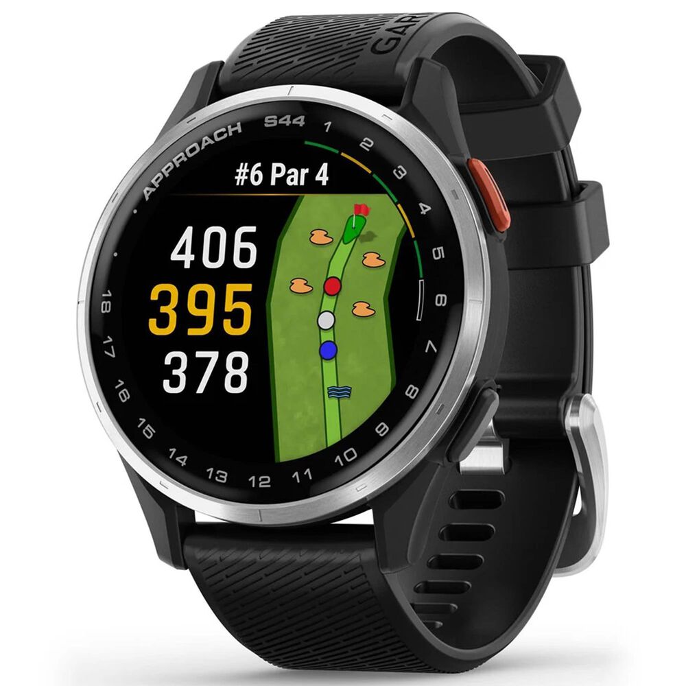 Garmin Approach S44 43mm Golf Smartwatch Silver Aluminum Bezel Case with Black Silicone Band, , large