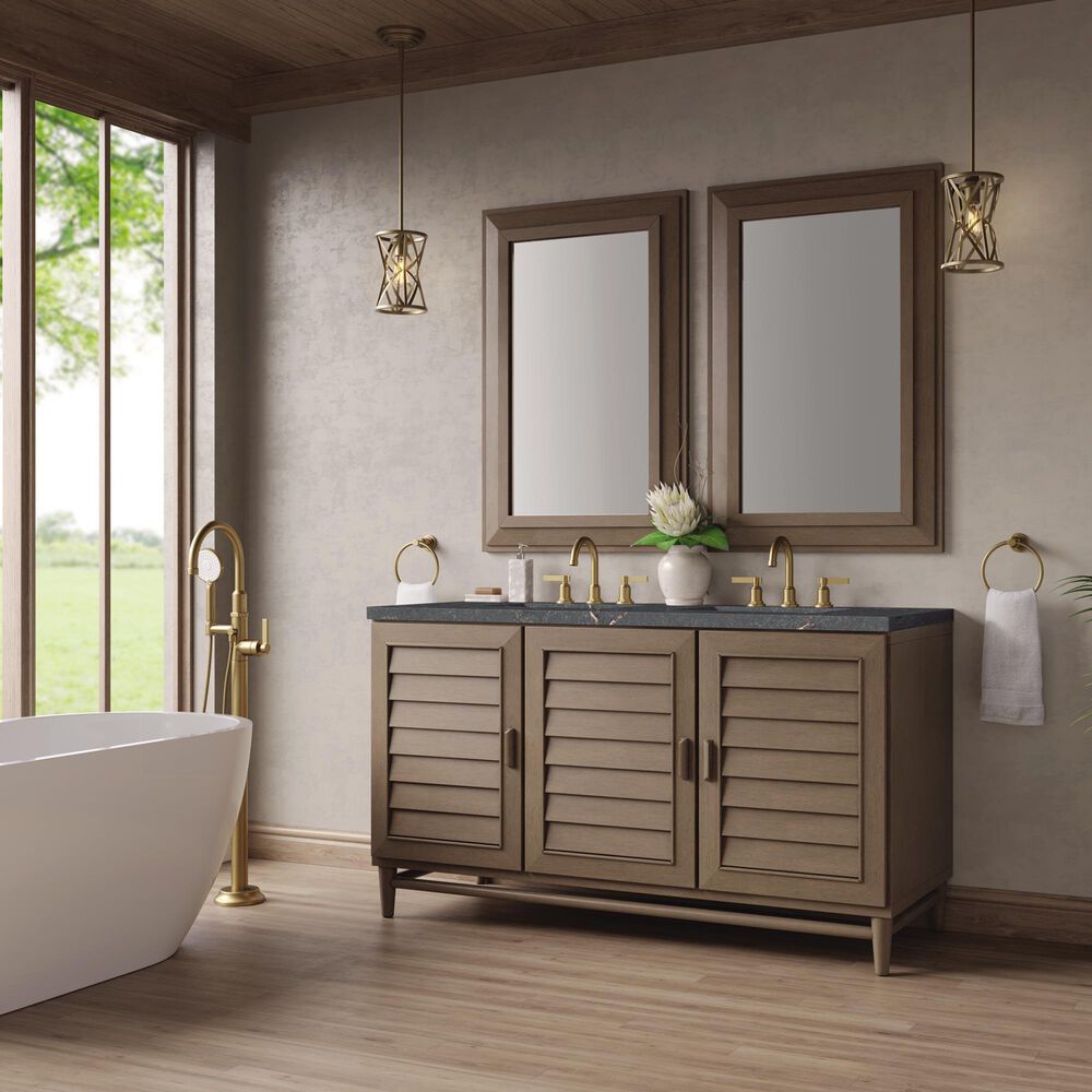 James Martin Vanities Portland 60&quot; Double Bathroom Vanity in Whitewashed Walnut with 3 cm Parisien Bleu Quartz Top and Rectangular Sinks, , large