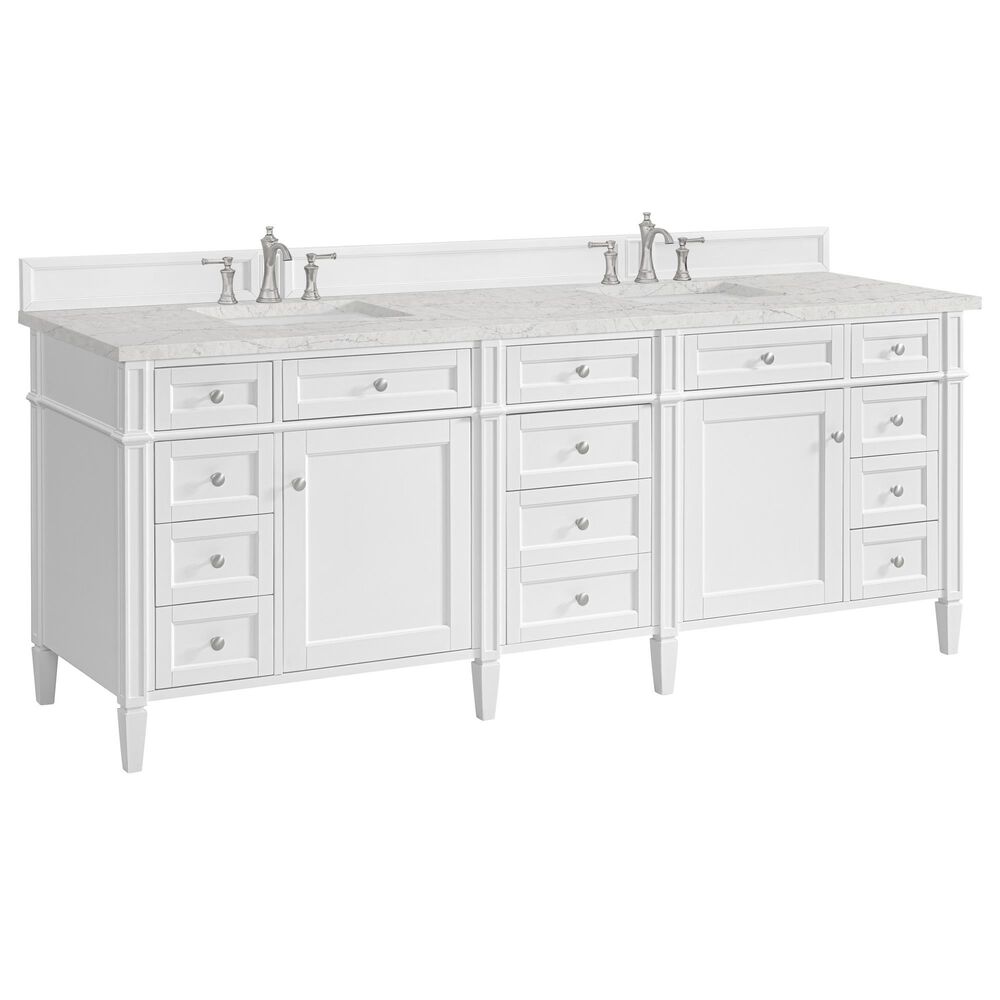 James Martin Brittany 84" Double Bathroom Vanity in Bright White with 3 cm Eternal Jasmine Pearl Top, Rectangular Sinks and FreePower Wireless Charger, , large