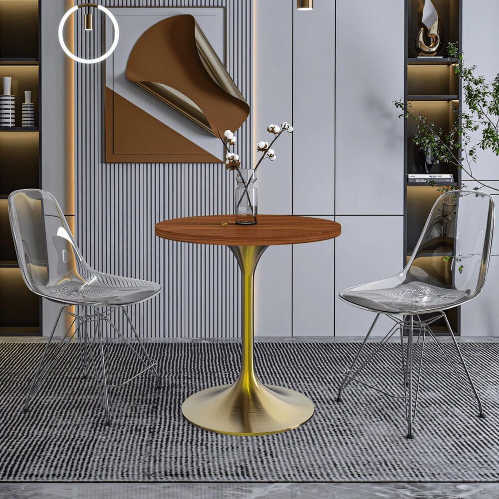 Leisuremod LeisureMod Verve Collection 27 Round Dining Table, Brushed Gold Base with Cognac Brown MDF Top, , large