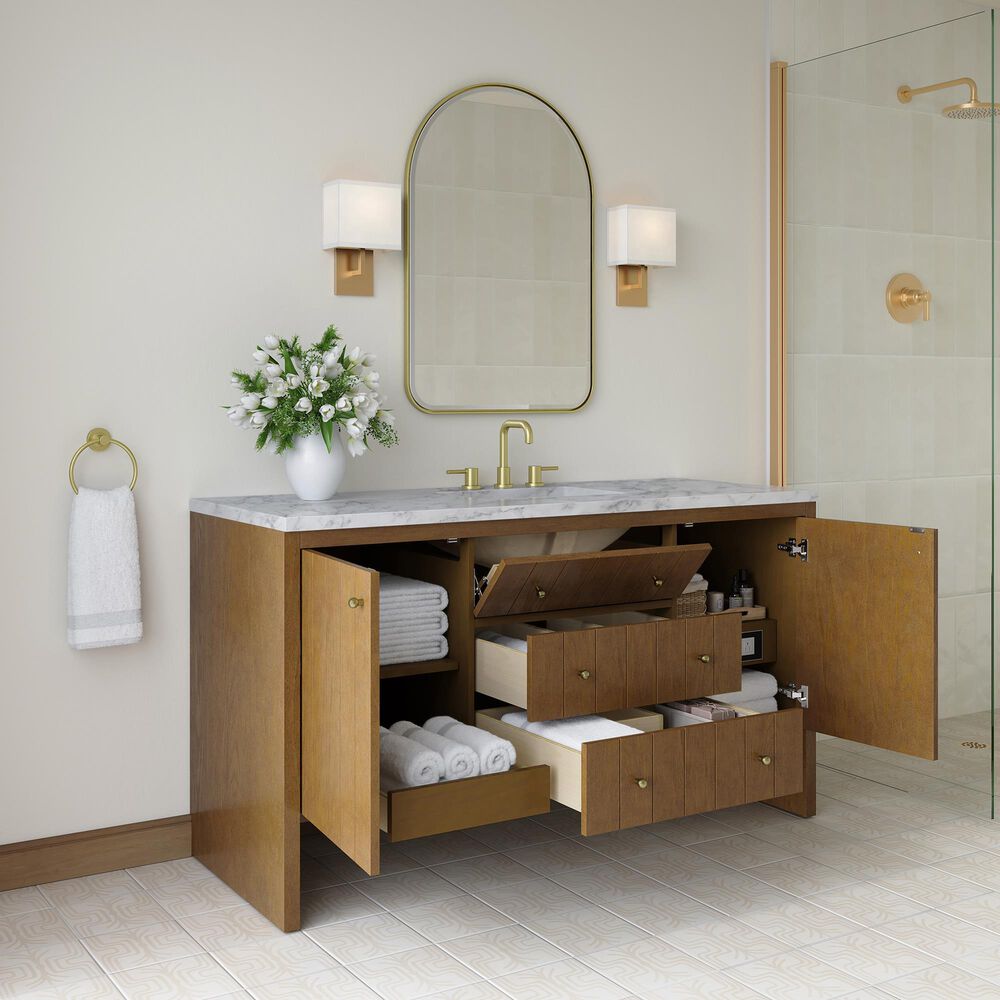 James Martin Hudson 60" Single Bathroom Vanity in Honey Oak with 3 cm Carrara Marble Top and Rectangular Sink, , large
