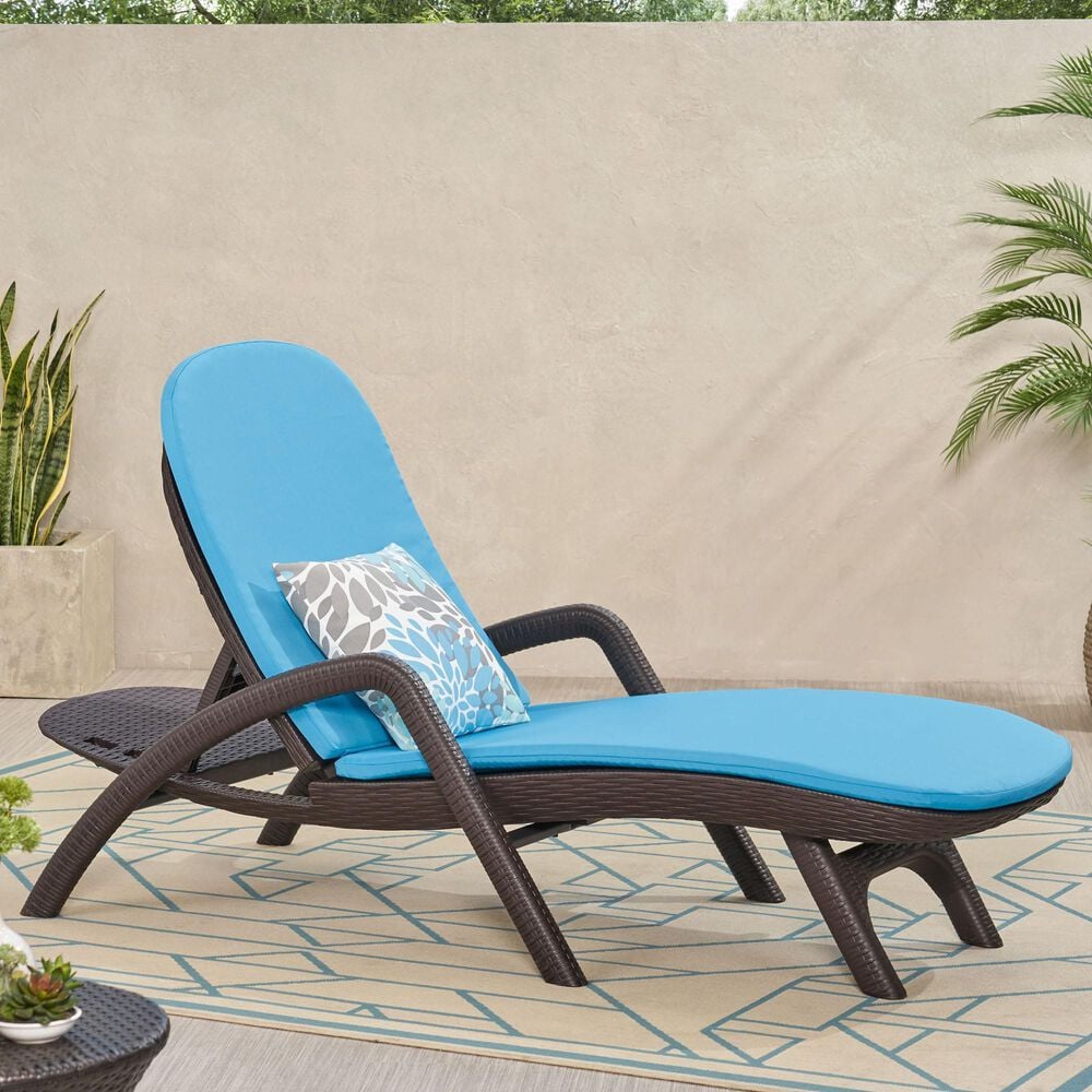 Hearth and Haven Mikael Outdoor Chaise Lounge with Blue Cushion in Dark Brown, , large