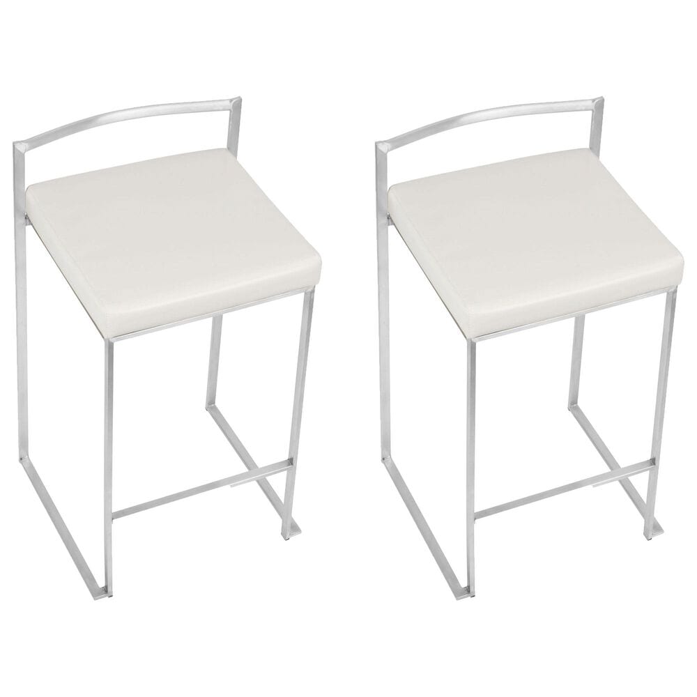 Lumisource Fuji Stackable Counter Stool with White Faux Leather in Brushed Stainless Steel &#40;Set of 2&#41;, , large